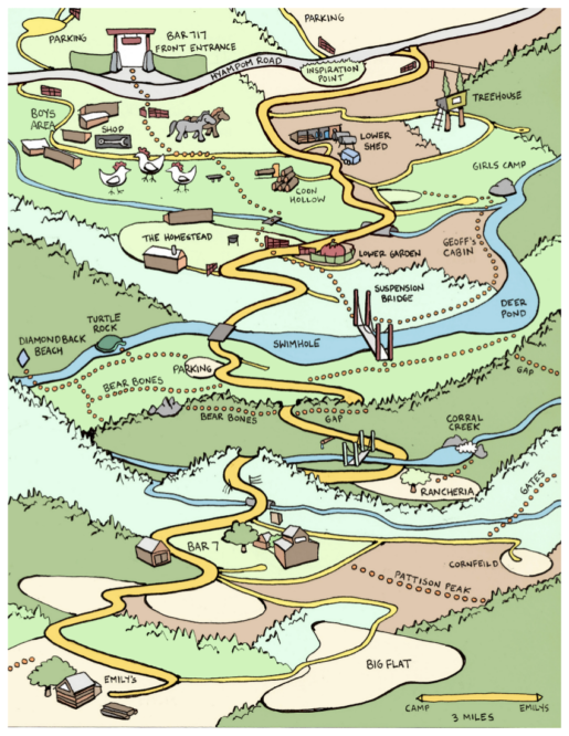 Cartoon style map of hiking trails to named camping sites used by campers. Includes driving directions to the Bar 7 and Emily's.