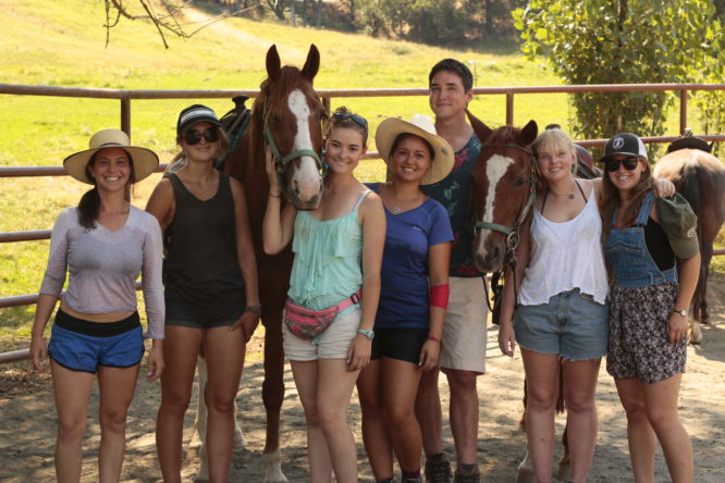 Barn staff pose with two horses
